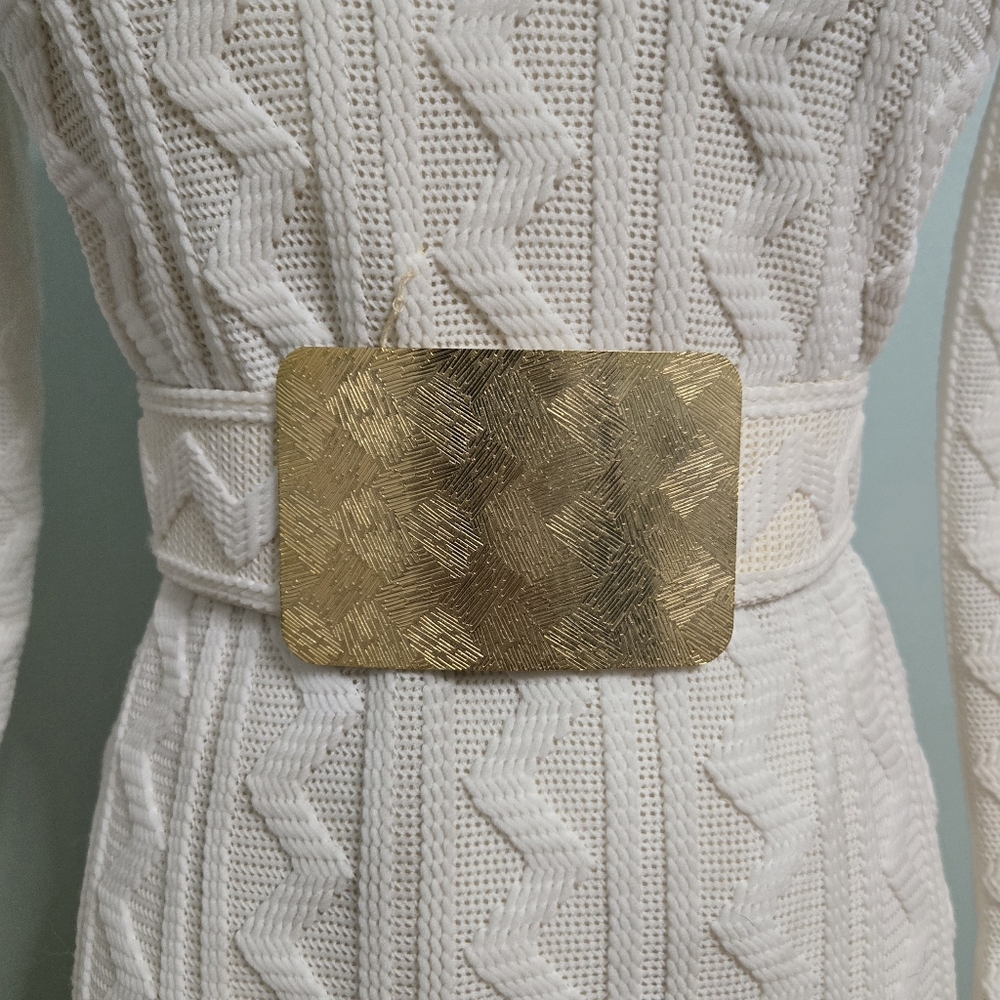 Vintage 70s Knit Mockneck Full Length Maxi Sweater Dress With Gold Belt - Picture 4 of 11